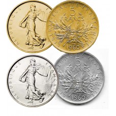 Lot 5 Francs Semeuse argent + dorée or fin 24 carats