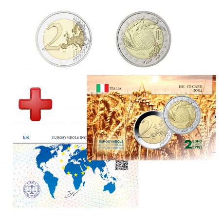 2 euros Grèce Italie 2004 programme alimentaire + carte commémorative