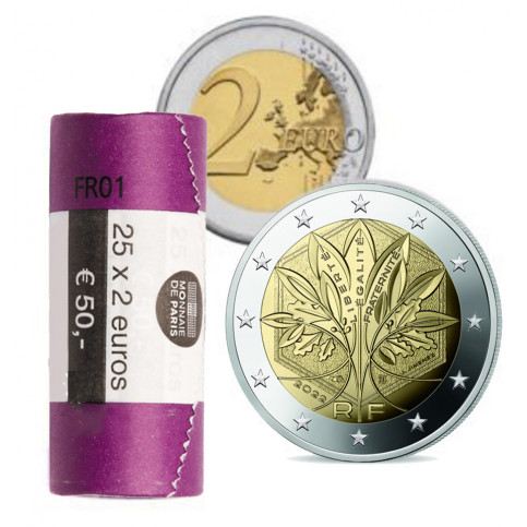 FRANCE 2022- 2€ Circulante nouveau visuel en ROULEAU de 25 monnaies-nouvelle face nationale