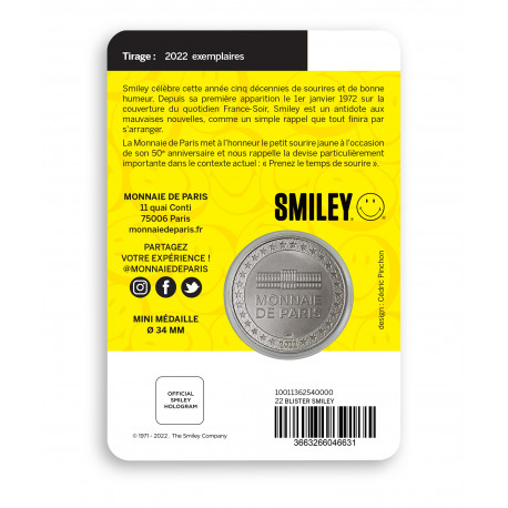 FRANCE 2022- Mini médaille Sous Blister - Jeunesse les 50 ans de Smiley