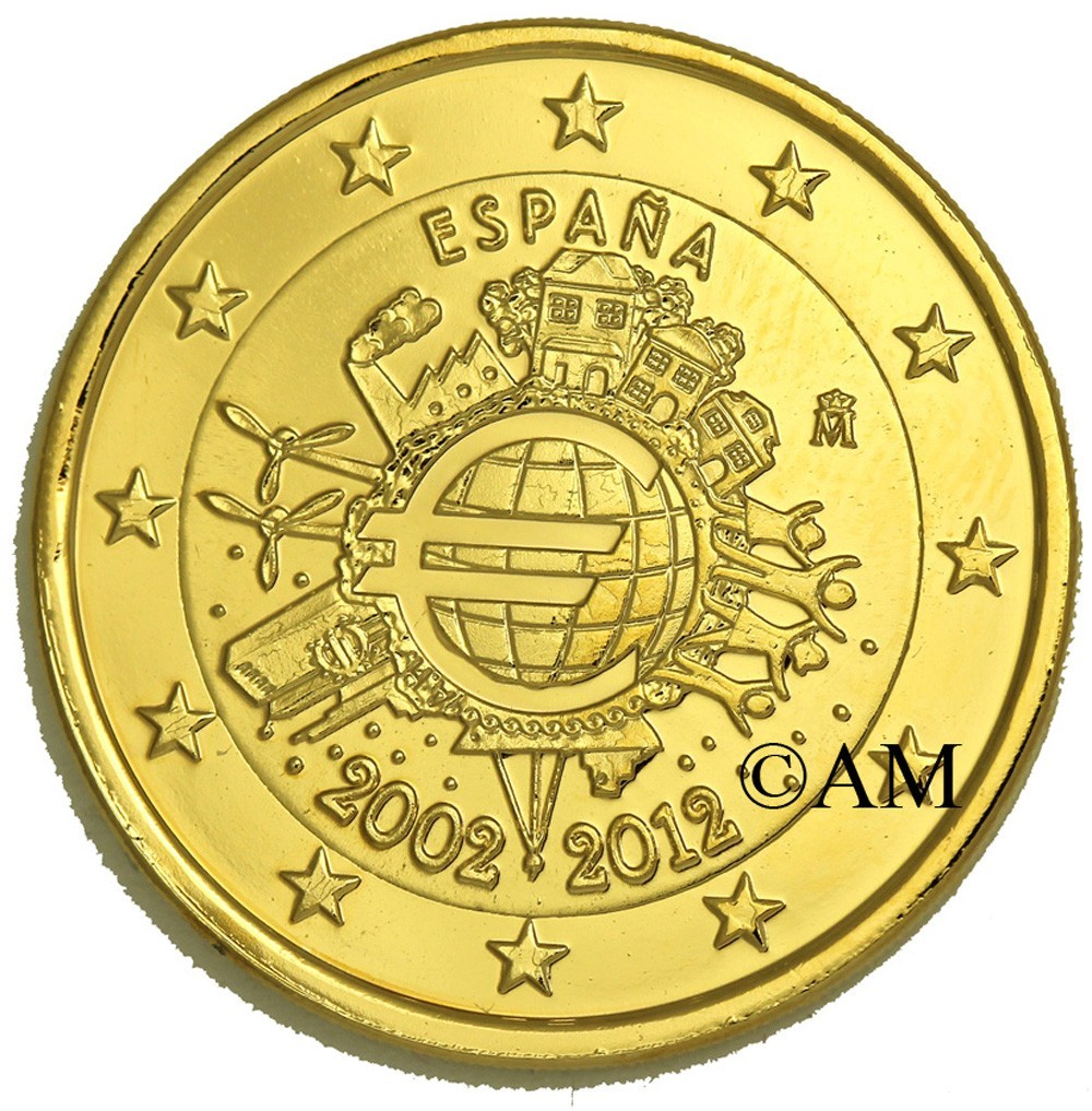Pièce 2 Euros Italie 2002 2012 Valeur Espagne 2012 - 2 euro commémorative 10 ans de l'euro dorée à l'or fin 24  carats - ARTHUR MAURY