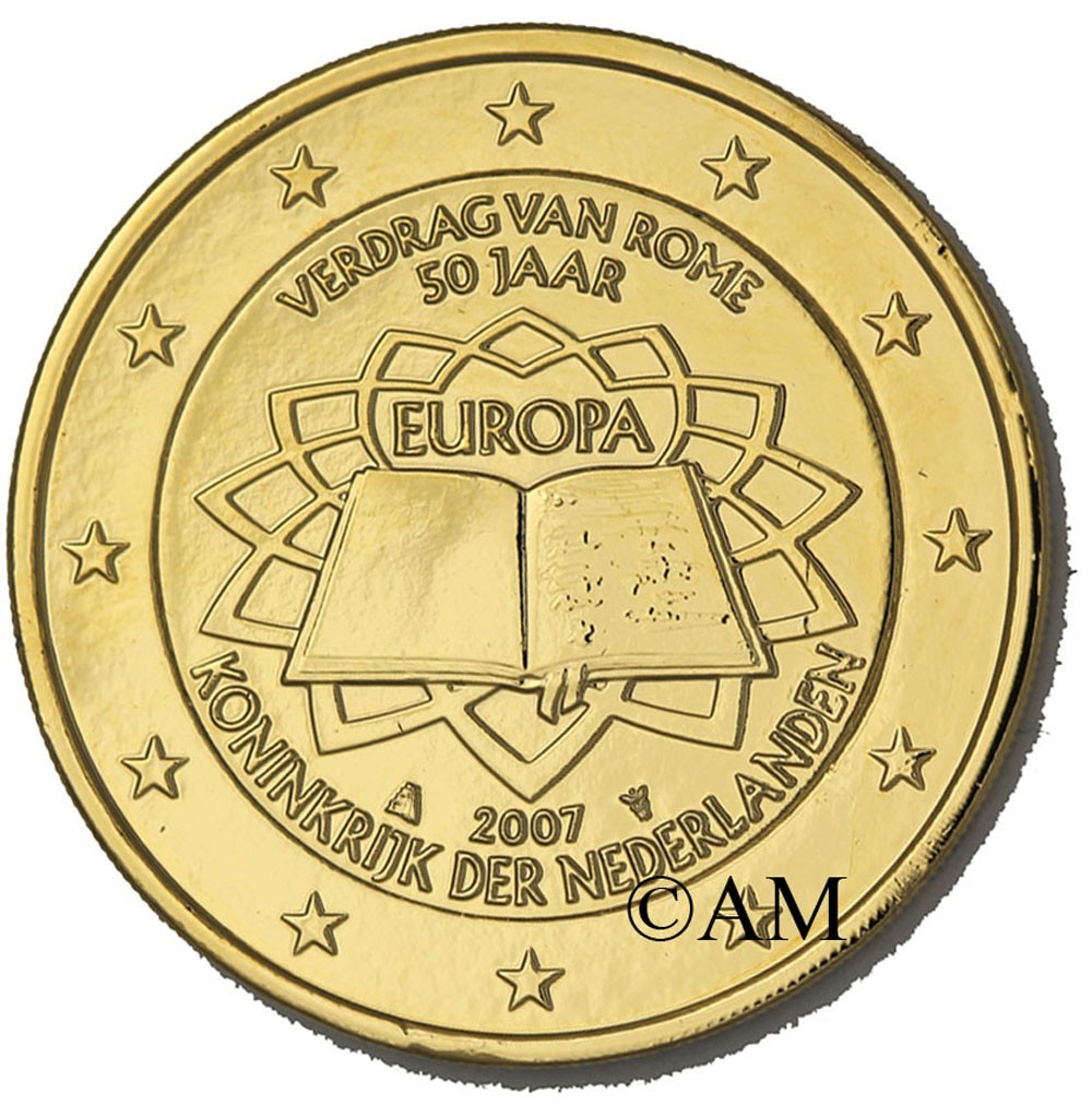 Piece 2 Euros Verdrag Van Rome 2007 Pays-Bas Traité de Rome - 2 euros commémorative dorée à l'or fin 24 carats  - ARTHUR MAURY