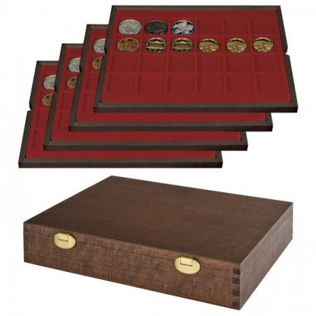 LINDNER Coffret numismatique en bois massif avec 4 plateaux pour 96 monnaies/capsules jusqu 'à  Ø 42 mm -  ÉDITION SPÉCIALE