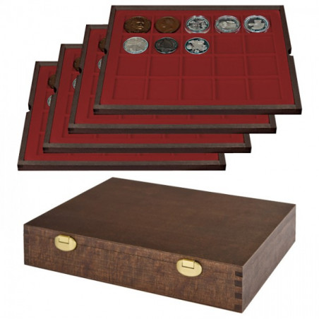 LINDNER Coffret numismatique en bois massif avec 4 plateaux pour 80 monnaies/capsules jusqu 'à  Ø 47 mm -  ÉDITION SPÉCIALE