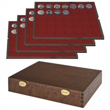 LINDNER Coffret numismatique en bois massif avec 4 plateaux pour 140 monnaies de Ø 32,5 mm   par ex. pour monnaies Allemagne