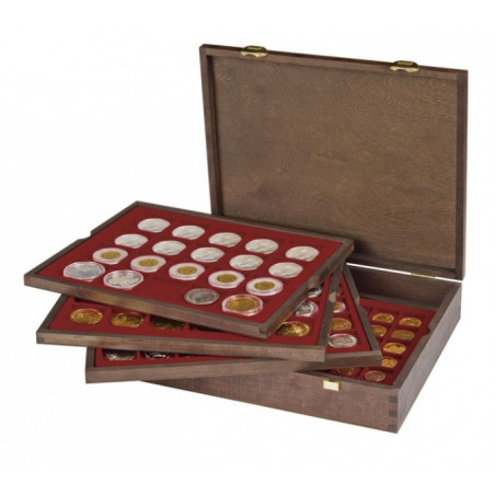 LINDNER Coffret numismatique en bois massif avec 4 plateaux pour 127 monnaies de divers diamétres -  ÉDITION SPÉCIALE