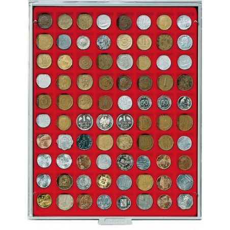 Plateau velours rouge vif à  80 alvéoles carrés pour monnaies/capsules jusqu'à  Ø 24 mm