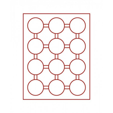Plateau velours rouge foncé à  12 alvéoles ronds pour capsules Ø ext. 58 mm et pour grandes capsules LINDNER avec cercles de