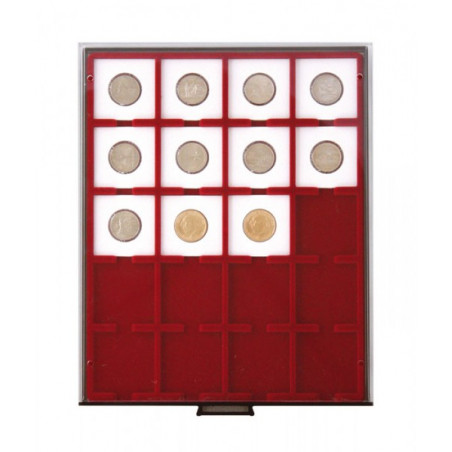 Plateau velours rouge foncé à  20 alvéoles carrés pour étuis numismatiques 50x50 mm/capsules CARRÉE/OCTO