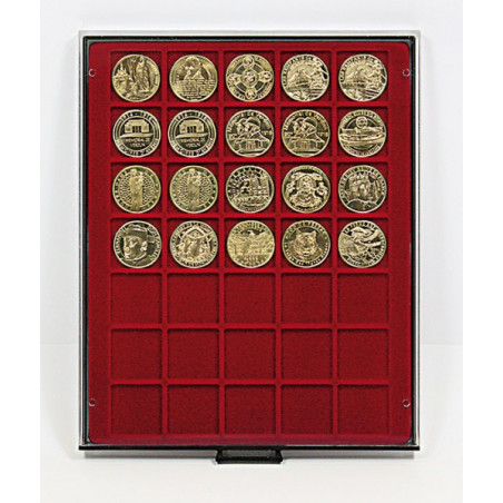 Plateau velours rouge foncé à  35 alvéoles carrés pour monnaies/capsules jusqu 'à   Ø36 mm