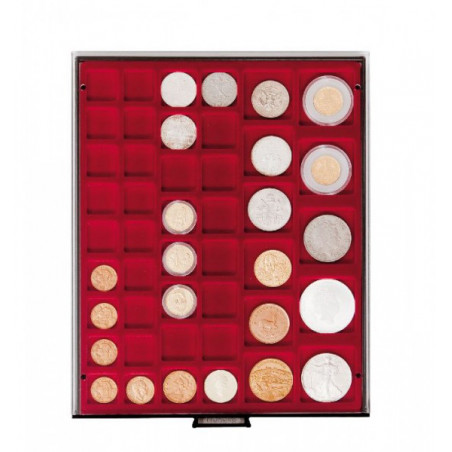 Plateau velours rouge foncé à  45 alvéoles carrés pour monnaies/capsules jusqu'à  Ø 24, 28, 39 et 44 mm
