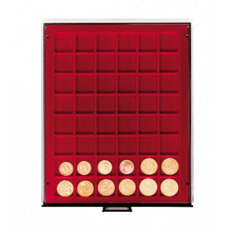 Plateau velours rouge foncé à  48 alvéoles carrés pour monnaies/capsules jusqu'à  Ø 30 mm