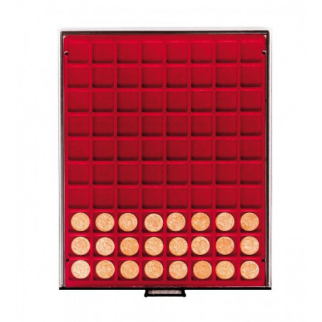 Plateau velours rouge foncé à  80 alvéoles carrés pour monnaies/capsules jusqu'à  Ø 24 mm