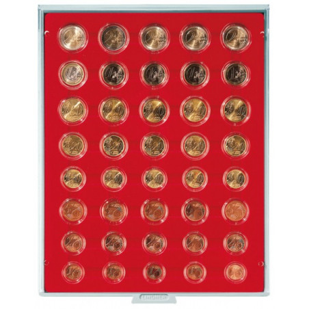 Plateau velours rouge vif pour 5 séries de piéces Euro courantes sous capsules LINDNER