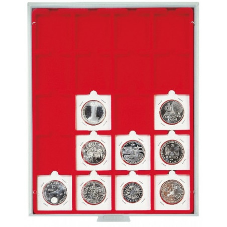 Plateau velours rouge vif à  20 alvéoles carrés pour étuis numismatiques 50x50 mm/capsules CARRÉE/OCTO