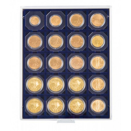 Plateau velours à  20 alvéoles carrés pour étuis numismatiques 50x50 mm/capsules CARRÉE/OCTO