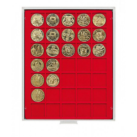 Plateau velours rouge vif à  35 alvéoles carrés pour monnaies/capsules jusqu 'à   Ø36 mm