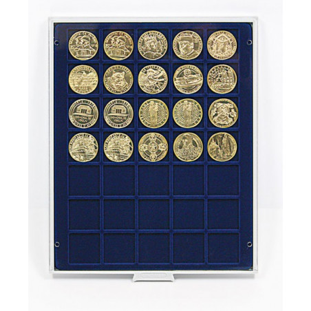 Plateau velours bleu foncé à  35 alvéoles carrés pour monnaies/capsules jusqu 'à   Ø36 mm
