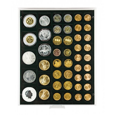 Plateau velours noir à  45 alvéoles carrés pour monnaies/capsules jusqu'à  Ø 24, 28, 39 et 44 mm