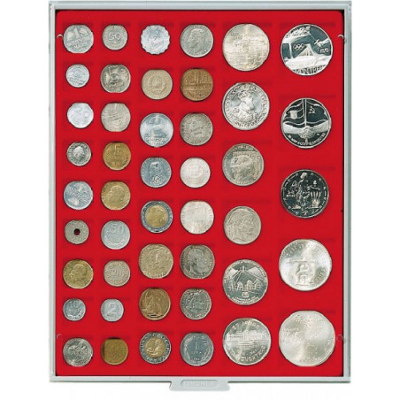 Plateau velours rouge vif à  45 alvéoles carrés pour monnaies/capsules jusqu'à  Ø 24, 28, 39 et 44 mm