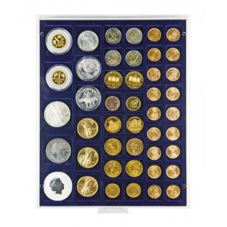 Plateau velours bleu foncé à  45 alvéoles carrés pour monnaies pour monnaies/capsules jusqu'à  Ø 24, 28, 39 et 44 mm