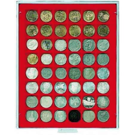 Plateau velours rouge vif à  48 alvéoles carrés pour monnaies/capsules jusqu'à  Ø 30 mm