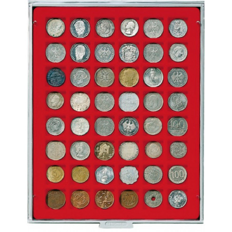 Plateau velours rouge vif à  48 alvéoles carrés pour monnaies/capsules jusqu'à  Ø 28 mm