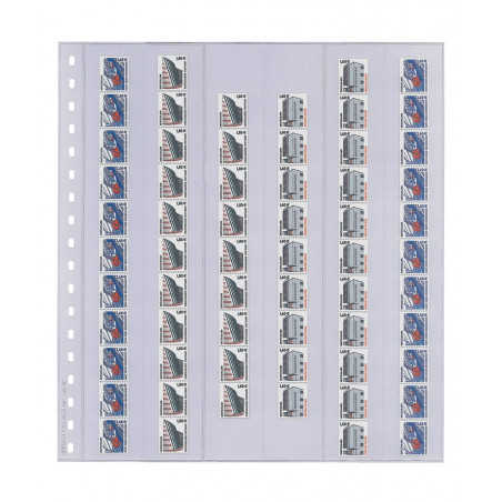 Feuille transparente à  6 bandes verticales (38 x 290 mm) pour timbres roulettes, avec intercalaire en carton noir
