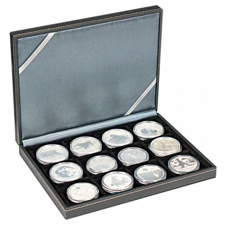 NERA XM-Coffret numismatique avec 12 avéoles carrés pour monnaies/capsules jusqu'à  Ø ext. 52 mm