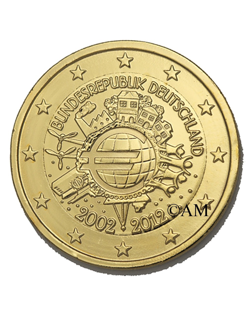 Pièce 2 Euros Italie 2002 2012 Valeur Allemagne 2012 - 2 euro commémorative 10 ans de l'euro dorée à l'or fin 24  carats - ARTHUR MAURY