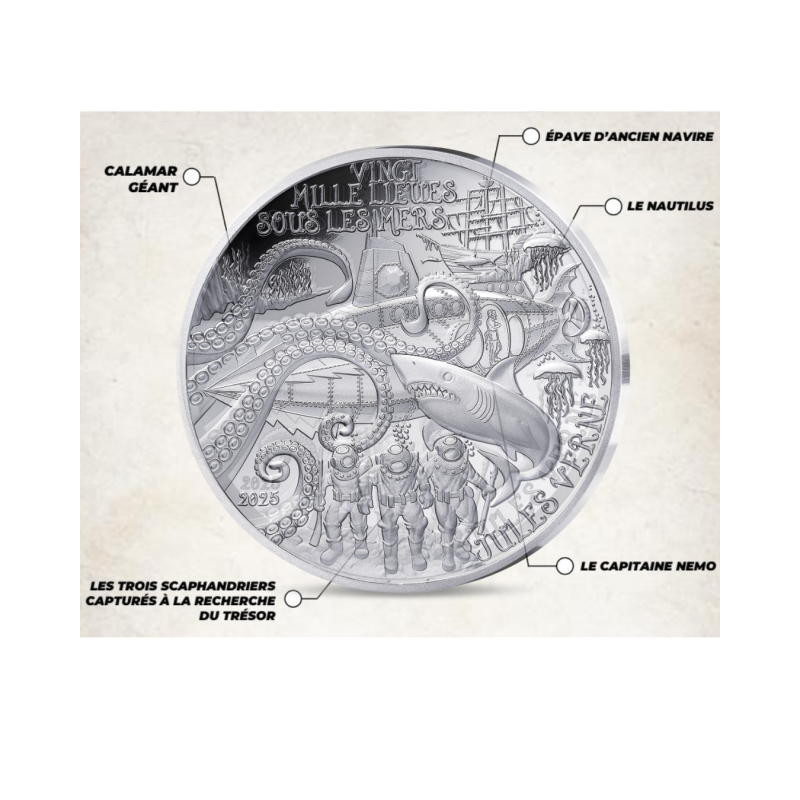 Monnaie de Paris 2025 - L'ART DE LA PLUME - JULES VERNE Ving Mille Lieues sous les Mers - 10€ Argent BE