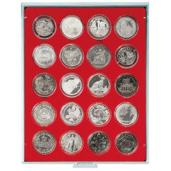 Box monnaies STANDARD à  20 alvéoles ronds pour capsules Ø ext. 46 mm et petites capsules box monnaies LINDNER  avec cercles