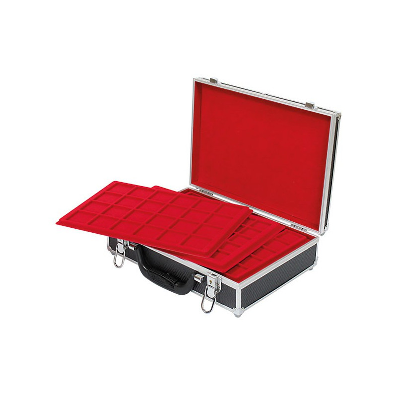 Grande valise numismatique de collection avec 8 plateaux rouges en 5 variantes différentes, pour 355 monnaies