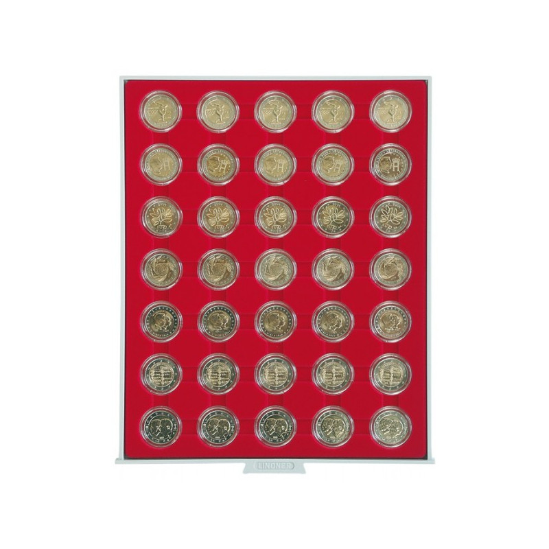 Box monnaies STANDARD à  35 alvéoles ronds pour capsules Ø ext. 32 mm, par ex. pour 2 Euro sous capsules LINDNER