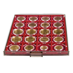 Box monnaies FUMÉ à  20 alvéoles carrés pour étuis numismatiques 50x50 mm/capsules CARRÉE/OCTO
