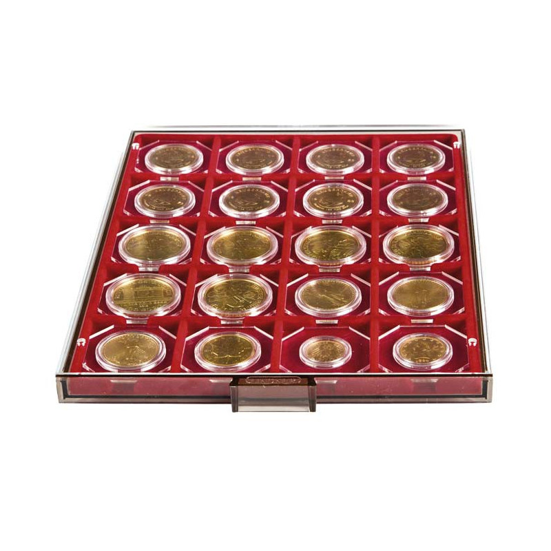 Box monnaies FUMÉ à  20 alvéoles carrés pour étuis numismatiques 50x50 mm/capsules CARRÉE/OCTO