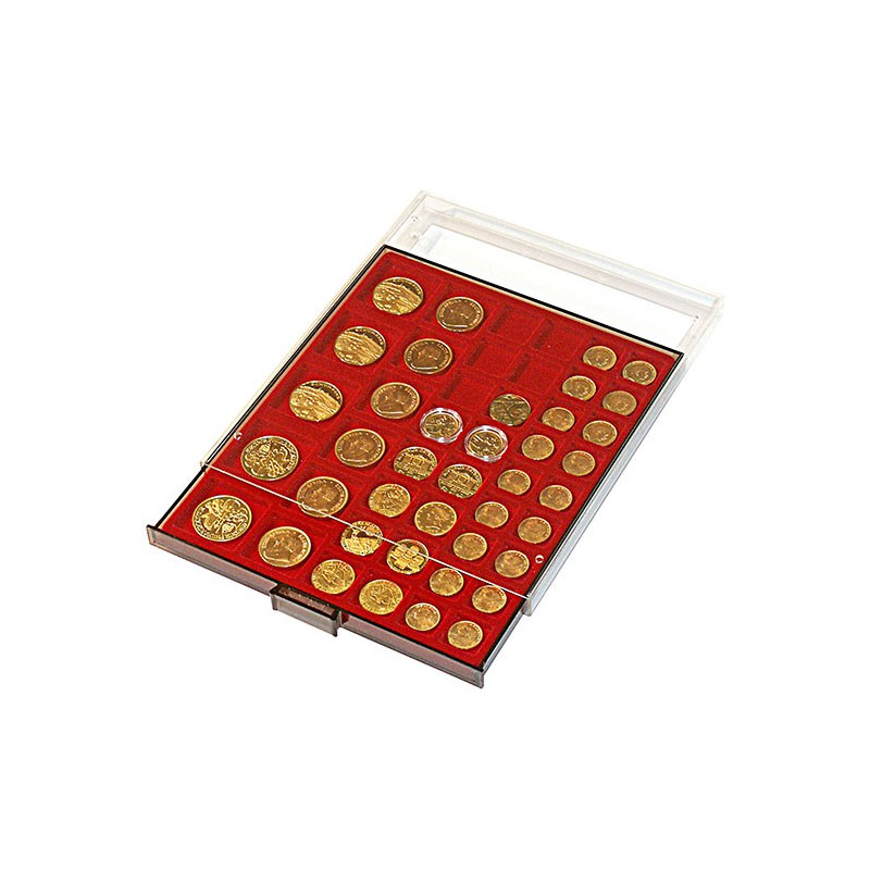 Box monnaies FUMÉ à  45 alvéoles carrés pour monnaies/capsules jusqu'à  Ø 24, 28, 39 et 44 mm