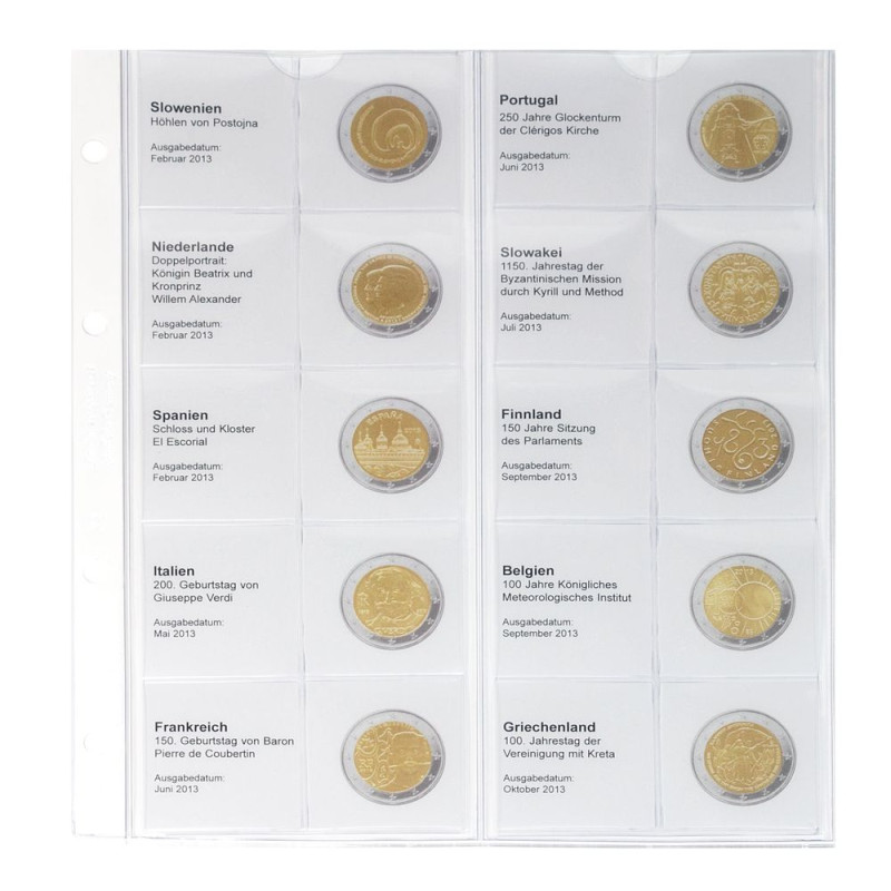 Feuille numismatique pré-imprimée karat 2 Euro commémoratives chronologique: Slovénie 2013 à  Grèce 2013
