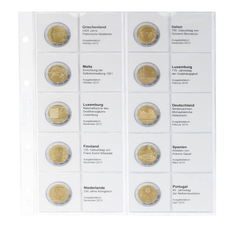 Feuille numismatique pré-imprimée karat 2 Euro commémoratives chronologique: Grèce 2013 à  Portugal 2014