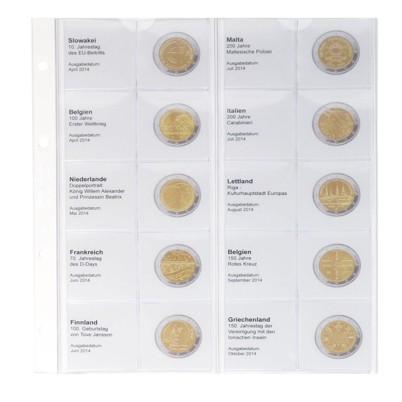 Feuille numismatique pré-imprimée karat pour 2 EURO commémoratives - chronologique: Slovaquie 2014 - Grèce 2014