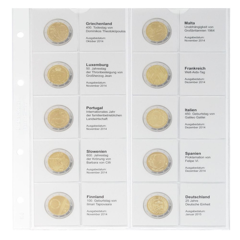Feuille numismatique pré-imprimée karat pour 2 EURO commémoratives - chronologique : Grèce 2014 - Allemagne 2015