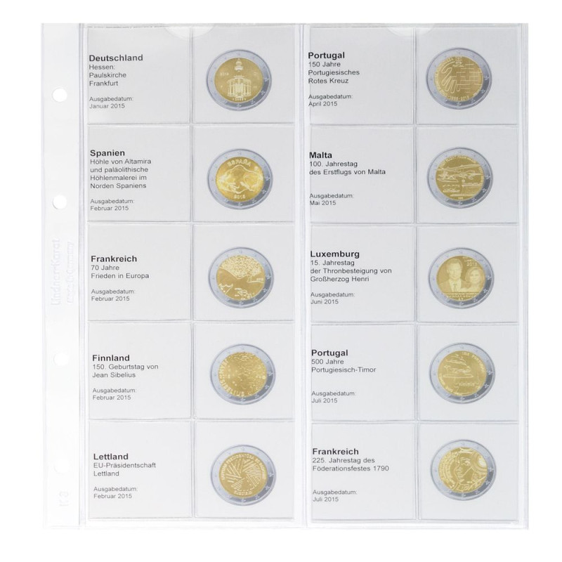 Feuille numismatique pré-imprimée karat pour 2 EURO commémoratives - chronologique : Allemagne 2015 - France 2015