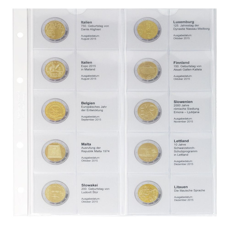 Feuille numismatique pré-imprimée karat pour 2 EURO commémoratives - chronologique : Italie-Aoà»t 2015 à  Lituanie-Décembre 2
