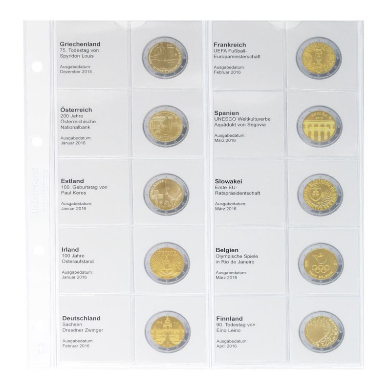 Feuille numismatique pré-imprimée karat pour 2 EURO commémoratives - chronologique :Grèce-Janvier 2016 à  Finlande-Avril 2016