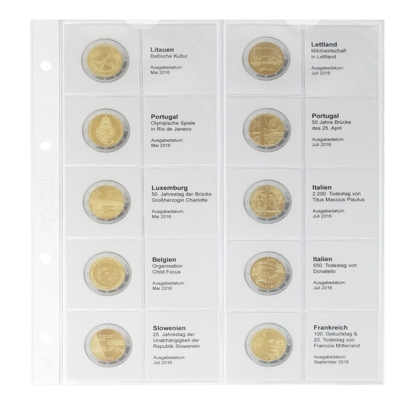 Feuille numismatique pré-imprimée karat pour 2 EURO commémoratives - chronologique :Lituanie-Mai 2016 à  France-Septembre 201