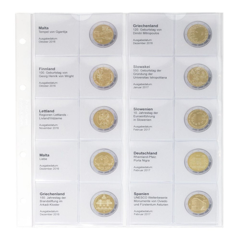 Feuille numismatique pré-imprimée karat pour 2 EURO commémoratives - chronologique : Malte-Octobre 2016 à  Espagne-Février 20