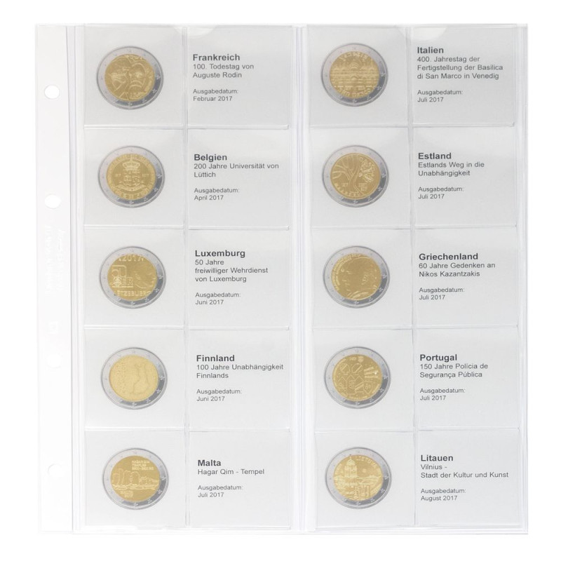 Feuille numismatique pré-imprimée karat pour 2 EURO commémoratives - chronologique : France 2017 à  Lituanie 2017