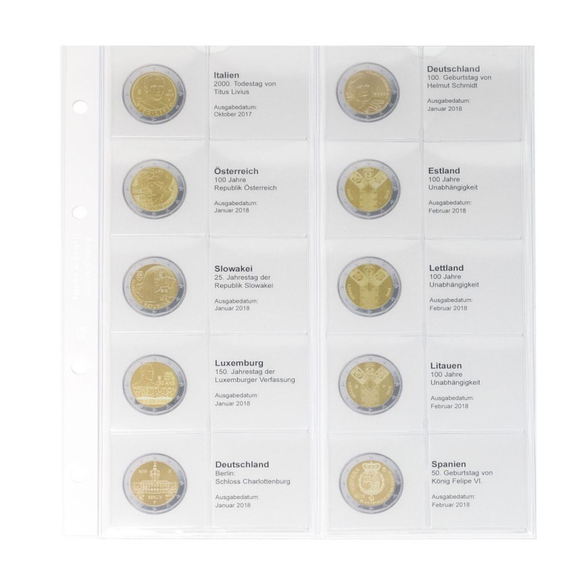 Feuille numismatique pré-imprimée karat pour 2 EURO commémoratives - chronologique : Italie 2017 à  Espagne 2018