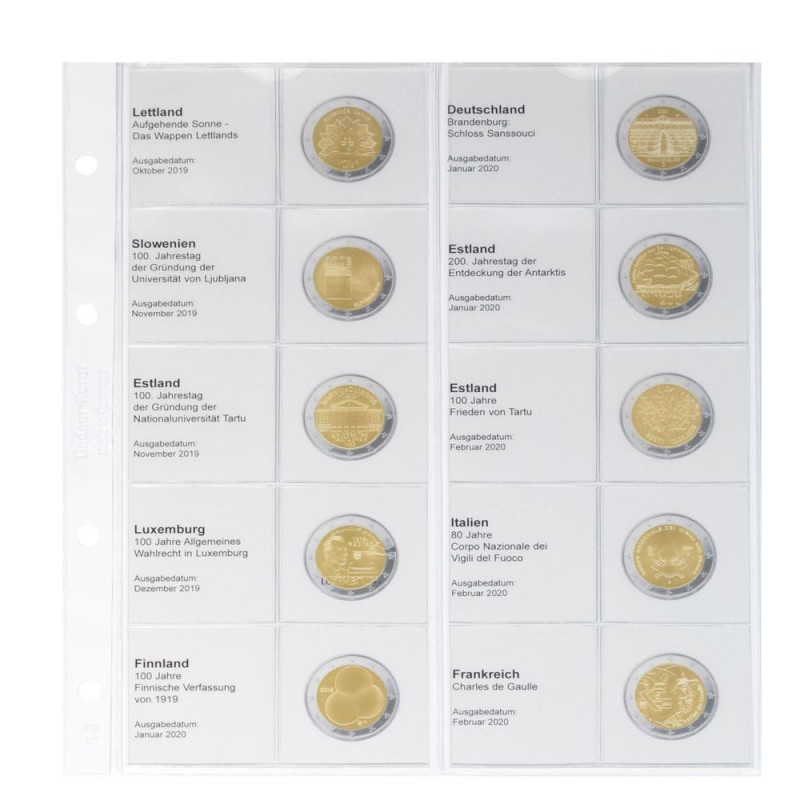 Feuille numismatique pré-imprimée karat pour 2 EURO commémoratives - chronologique : Lettonie 2019 à  France 2020