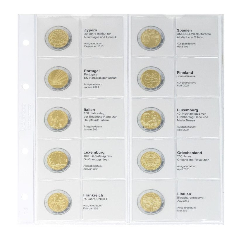 Feuille numismatique pré-imprimée karat pour 2 EURO commémoratives - chronologique : Chypre 2020 à  Lituanie 2021